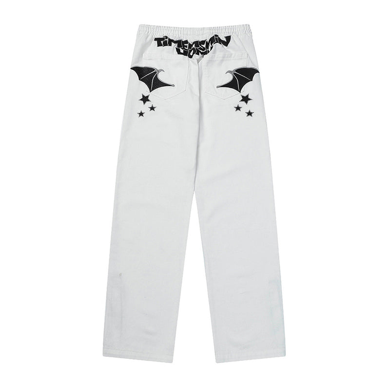 Men Sweatpants Pocket Wings Embroidered Straight Zipper Slit Jeans