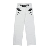 Men Sweatpants Pocket Wings Embroidered Straight Zipper Slit Jeans