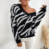 Women Knitted Sweater Autumn Pullover V-neck Black Zebra Print Sweater