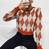 Women Knitted Sweater Autumn and Winter Long Sleeve Short Rhombus Sweater