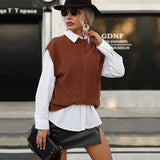 Women Knitted Sweater Autumn Short Sleeve Solid Color Cable-Knit Sweater Vest Jacket