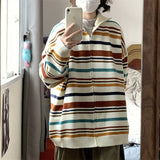 Women Knitwear Autumn and Winter Color Striped Lapel Sweater Loose Knitted Cardigan