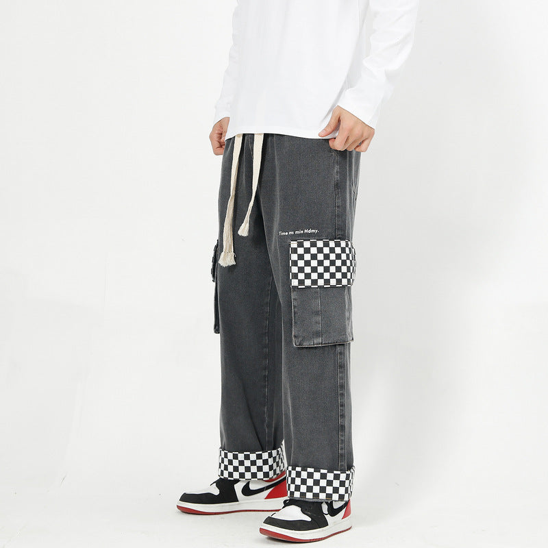 Men Jeans Retro Worn Jeans Multi-Pocket Work Pants Cropped Pants