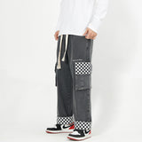 Men Jeans Retro Worn Jeans Multi-Pocket Work Pants Cropped Pants