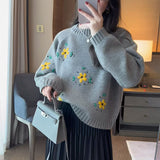 Women Knitted Pullover Hand Embroidery Flower Sweater
