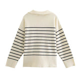 Women Sweater Knitwear Spring and Autumn Sweater Half Zip-up Turtleneck Loose Striped Knitted Sweater