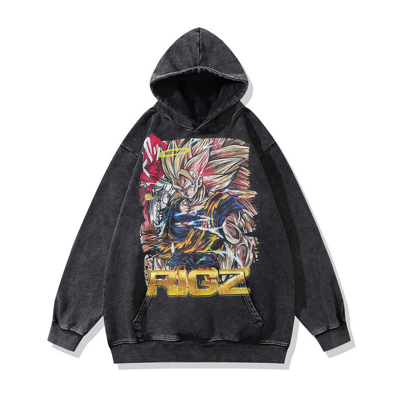 Men Hoodie Anime Print Vintage Washed and Worn Terry Hooded Sweater