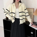 Women Knitwear Fall and Winter Lapels Striped Zip Sweater Loose Knitted Cardigan