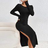 Women Dress Autumn Winter Sexy Backless Crew Neck Long Sleeve Narrow Dress