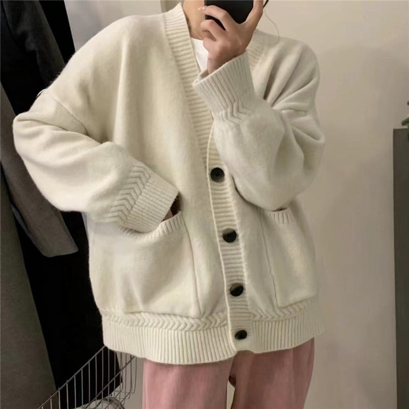 Women Knitted Cardigan V-neck Sweater Women Large Loose Pockets