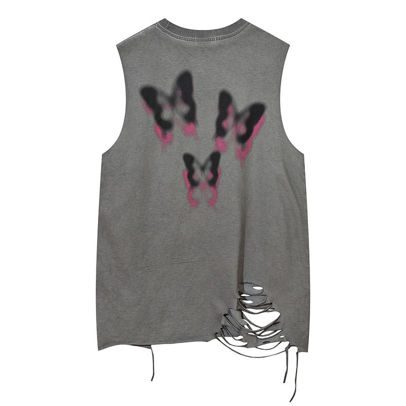 Men Vest Butterfly Graffiti Ripped Necklace Sleeveless T-shirt Vest