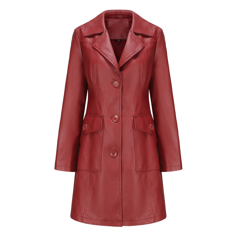 Red Leather Jacket Spring and Autumn Long Sleeve Leather Wind Coat Coat Female Lapel Single Breasted