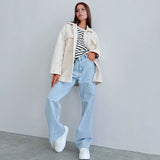 Women Trench Coat Knitted Lambswool Thick Coat Autumn and Winter White Loose