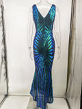 Women Evening Gown Sexy V-neck Vintage Party Sequins Dress