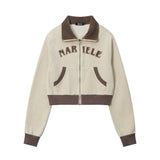Women Jacket Letter Affixed Cloth Embroidered Short Coat Autumn Leisure Lapel Color Matching Zipper Cardigan Jacket