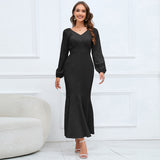 Women Date Dress V-neck Fishtail Skirt Elegant High Waist Evening Long Dress