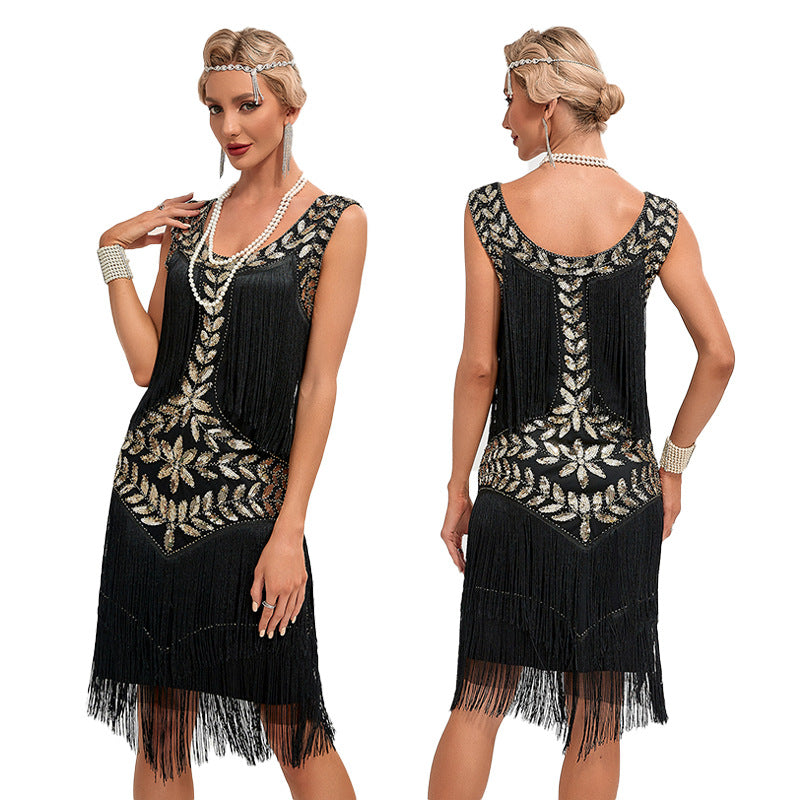 Flappers 1920S Dress Vintage Gatsby Ball Gown Dance Dress round Neck Sequins