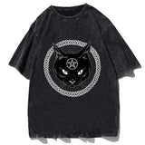 Vintage Cute Cat Graphics T-shirt Y2k Letter Print Washed