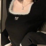 Women Knitted Pullover Square Collar White Knitwear Spring and Autumn Sweater