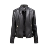 Red Leather Jacket Casual Leather Clothing Women's Stand Collar Zipper Slim Fit Motorcycle Clothing