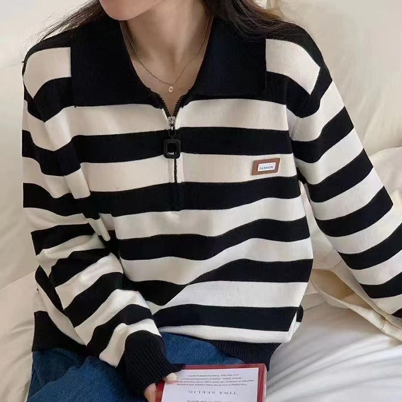 Women Knitwear Autumn and Winter Striped Zipper and Lapel Knitwear Style Sweater