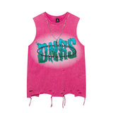 Men Vest Letter Graffiti Washed Make Old Ripped Sleeveless T-shirt