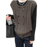Women Knitted Cardigan Spring Vintage Hemp Pattern Double Breasted Sleeveless Knitted Cardigan