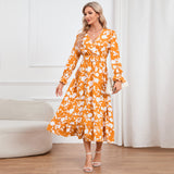 Women Date Dress Floral Dress Autumn and Winter V-neck A- line Skirt