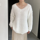 Women Winter Knitted Sweater V-neck Loose Top 1t8846