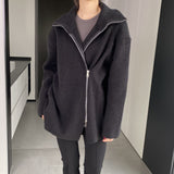 Women Cardigan Sweater Winter Zipper Coat Lapel Ins Long Sleeve Loose Sweater 1t8835