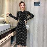 Women Maxi Dress Autumn Retro Hip-Wrapped Knitted Dress