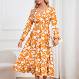 Women Date Dress Floral Dress Autumn and Winter V-neck A- line Skirt