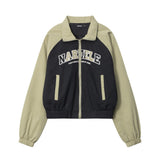 Women Jacket Letter Embroidered Color Matching Casual Coat Lapel Sports Jacket