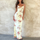 Women Dresse Vintage Long Dress Flower Printed V-neck Suspender Skirt