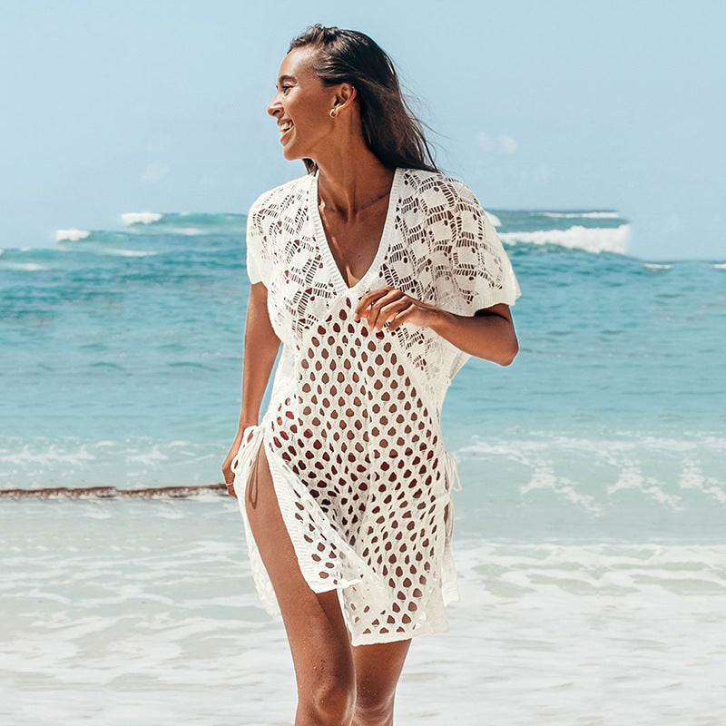Women Knit Beach Cover Knitted Hollow out V-neck Pullover Short Sleeve Smock Dress
