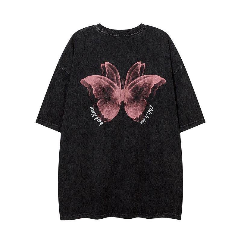 Men T Shirt Butterfly Graffiti Washed and Worn Short Sleeve T-shirt Men and Women Oversize