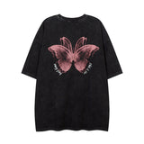 Men T Shirt Butterfly Graffiti Washed and Worn Short Sleeve T-shirt Men and Women Oversize