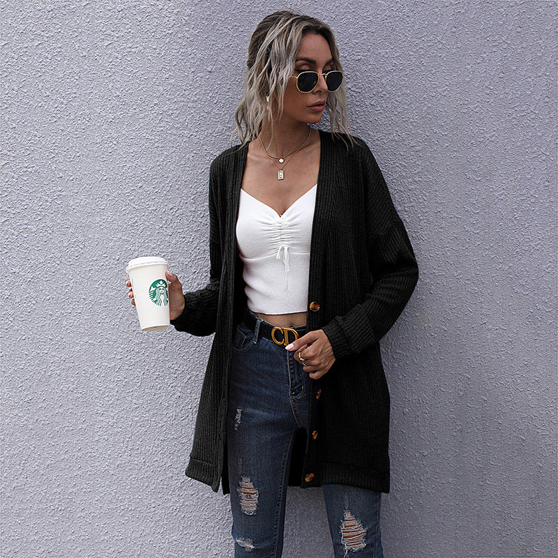 Women Knitted Sweater Autumn Long Sleeves Outerwear Knitted V-neck Cardigan Sweater Coat