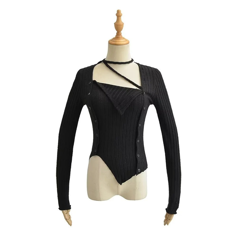 Women Sweater Knitwear Autumn Lace-up Irregular Bottoming Shirt Long Sleeve T-shirt