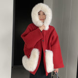 Women Cardigan Sweater Short Woolen Coat Autumn and Winter Long Sleeves Fur Collar Hooded Coat 2t7620