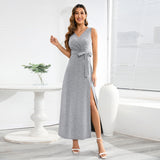 Women Date Dress Sexy Sleeveless V-neck Slit Slim Fit Long Dress