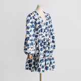 Women Dresses Spring V-neck Lantern Sleeve Dress Floral Skirt (Qymy0409)