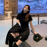 Women Dresses Turtleneck Short Sleeve Dress Skirt