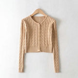 Women Sweater Knitwear Spring round Neck Twist Simple Single-Breasted Long Sleeve Short Knitted Cardigan