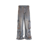 MIJKO Mens Vintage Pants Multi Pocket Make Old Wide Leg Unisex Jeans