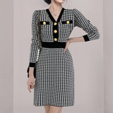 Women Maxi Dress Autumn and Winter V-neck Slim Houndstooth Knitted Dress
