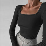 Women Knit Top Rib round-Neck Solid Color T-shirt Crop-Top Tight-Fitting Long Sleeve Short Top