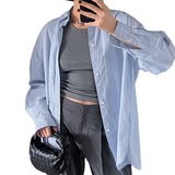 Women Trench Coat Blue Striped Long Sleeve Shirt Casual Winter