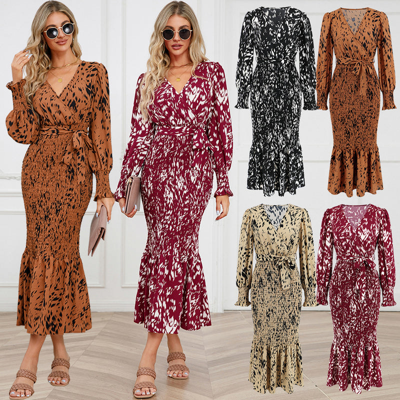 Women Date Dress Long Dress Leopard Print V-neck Belt Printed Fishtail Skirt