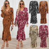 Women Date Dress Long Dress Leopard Print V-neck Belt Printed Fishtail Skirt